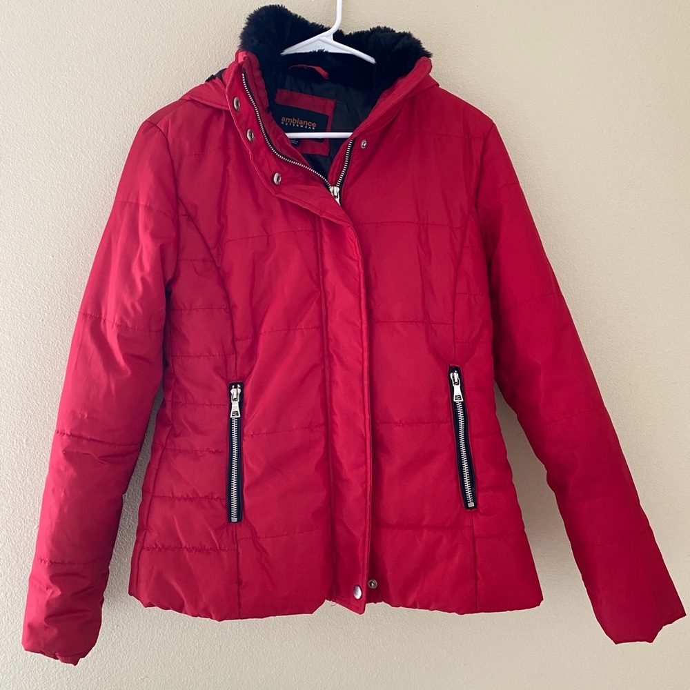 Ambiance Women's Red Puffer Hooded Jacket Faux Fur Trim Size Small